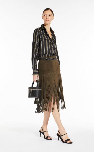 Bluzka Max Mara Masculine-style Printed Silk Oliwkowe Zielone | MMR593603