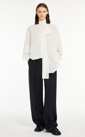 Bluzka Max Mara Sash-adorned Silk Białe | MMR593568