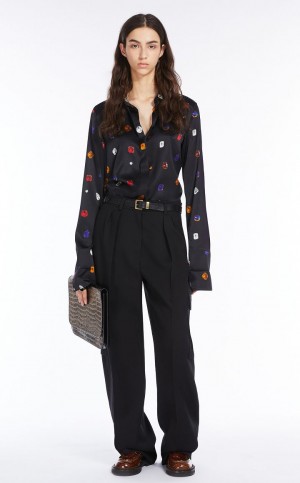 Bluzka Max Mara Satin Printed With Gem Pattern Czarne | MMR593581