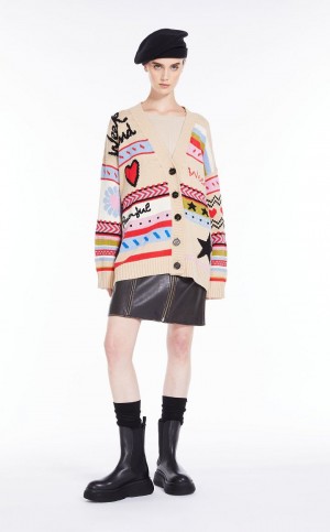 Dzianina Max Mara Oversized Jacquard Bawełniane Cardigan Beżowe | MMR593458