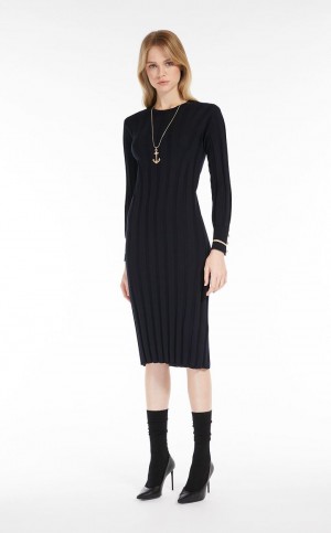 Sukienka Max Mara Long Wełna Yarn Granatowe | MMR593286