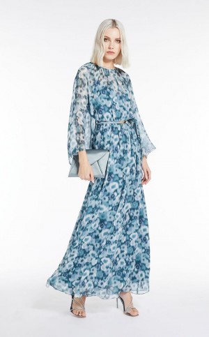 Sukienka Max Mara Printed Georgette Głęboka Niebieskie | MMR593365
